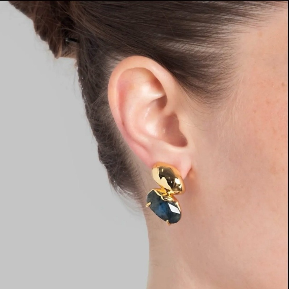 ALEXIS BITTAR Brut Blue Moss Agate Mismatch Earrings in Gold; Signed - NEW - Picture 7 of 7
